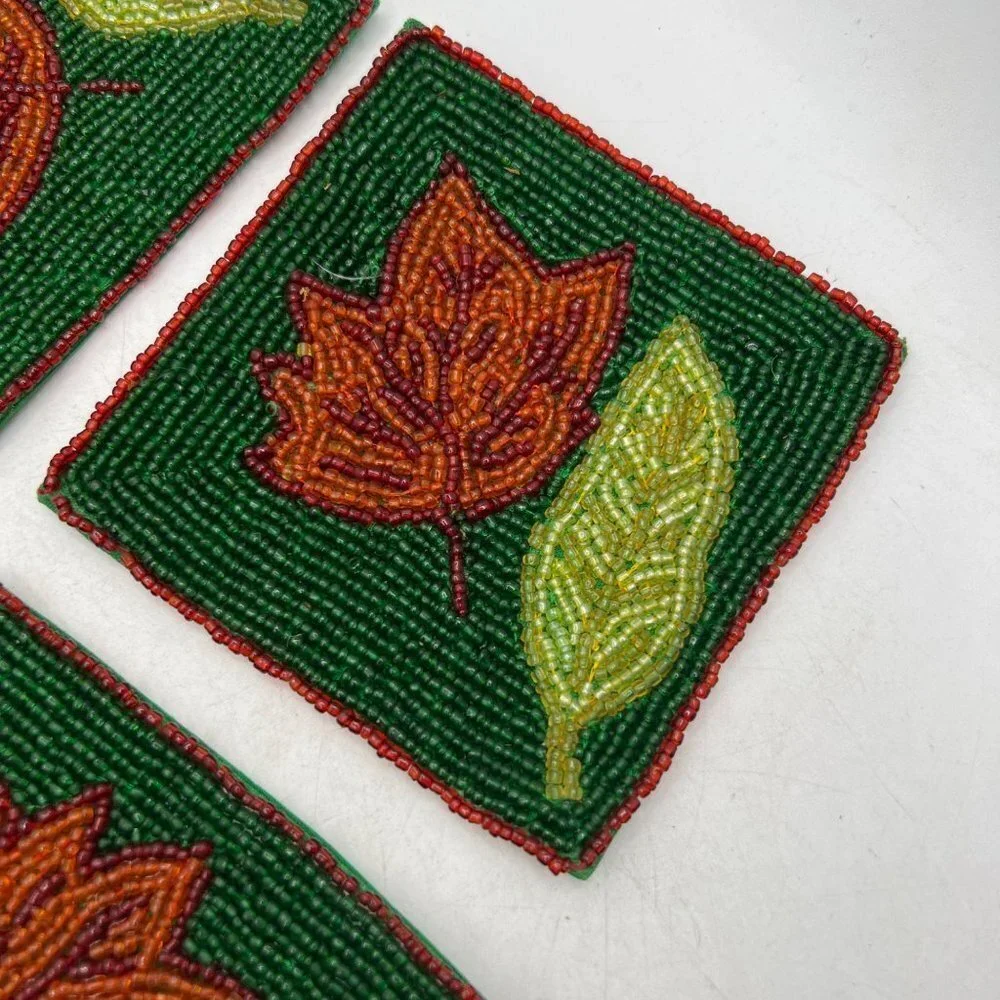 Set of Four Glass Beaded Coasters Fall Leaves Leaf Green Rust Colored